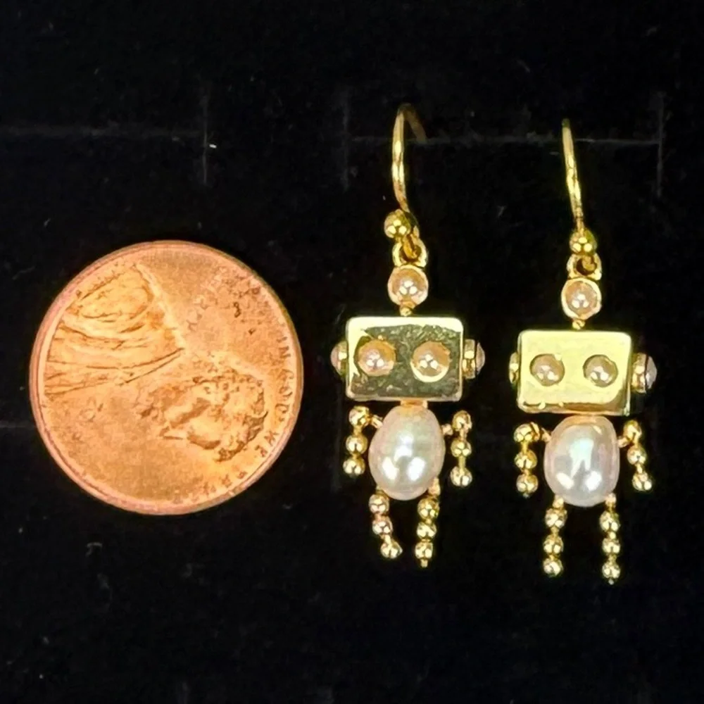 Goldtone Faux Pearl Robot Pierced Earrings